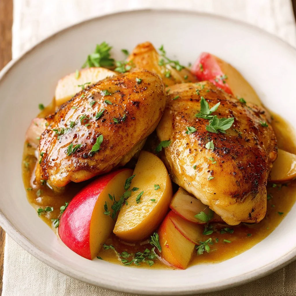 Honey-Mustard Chicken served with succulent apples on a plate