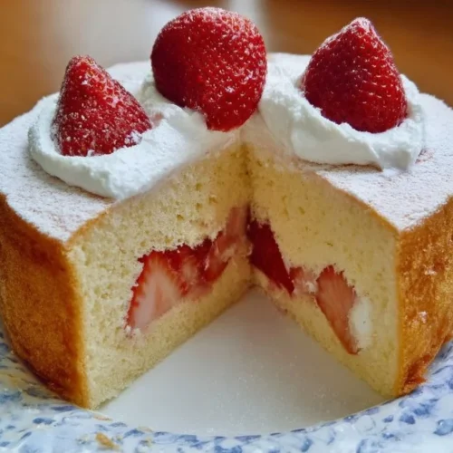 Japanese strawberry sponge cake topped with fresh strawberries and cream