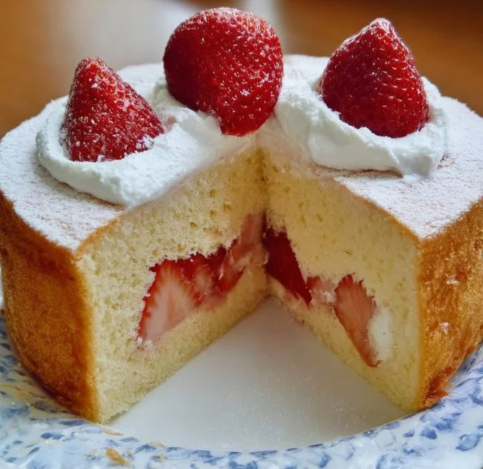 Japanese strawberry sponge cake topped with fresh strawberries and cream