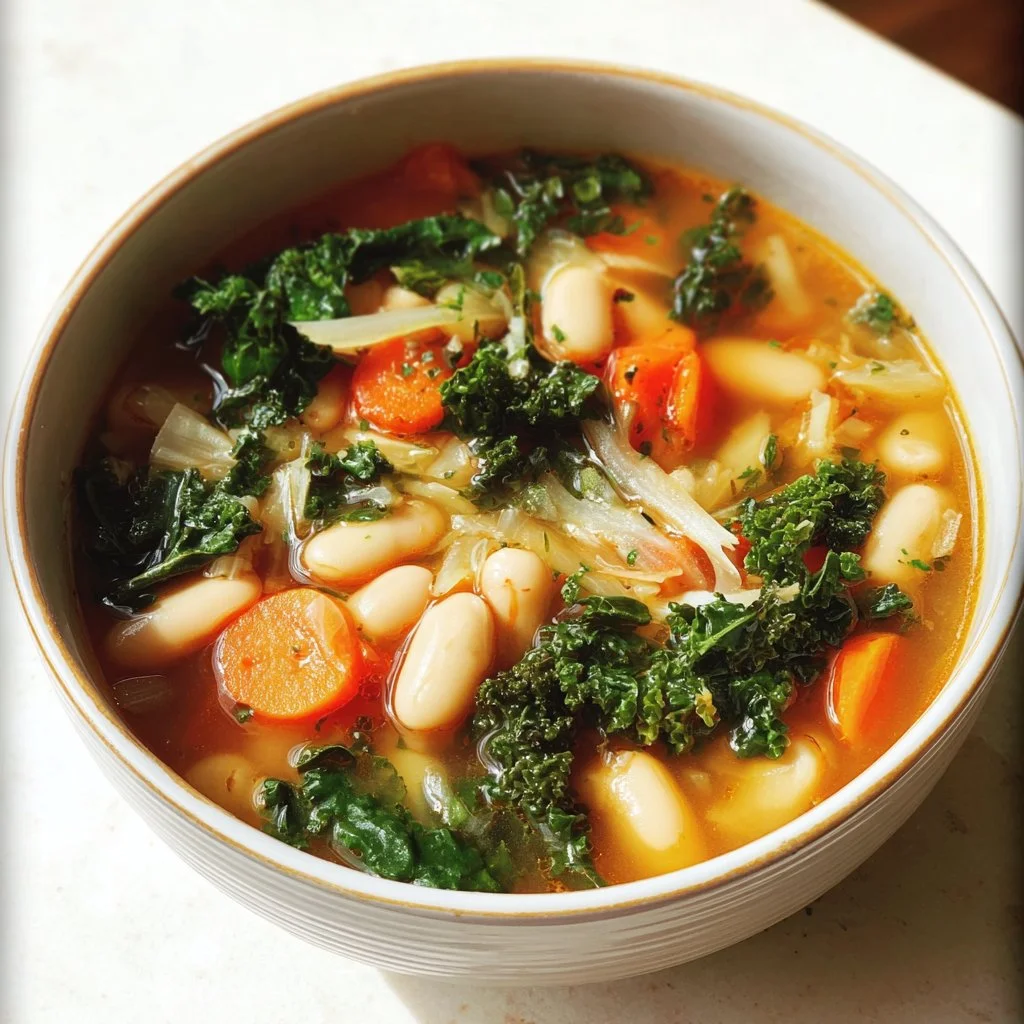Bowl of Kale and White Bean Soup garnished with herbs and served hot.