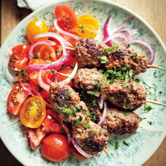 Delicious kofta kebabs served with a vibrant tomato salad on a plate