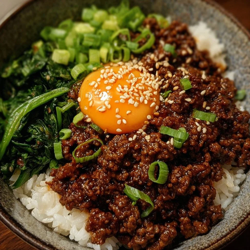 Delicious Korean Ground Beef Bowl garnished with vegetables and sesame seeds