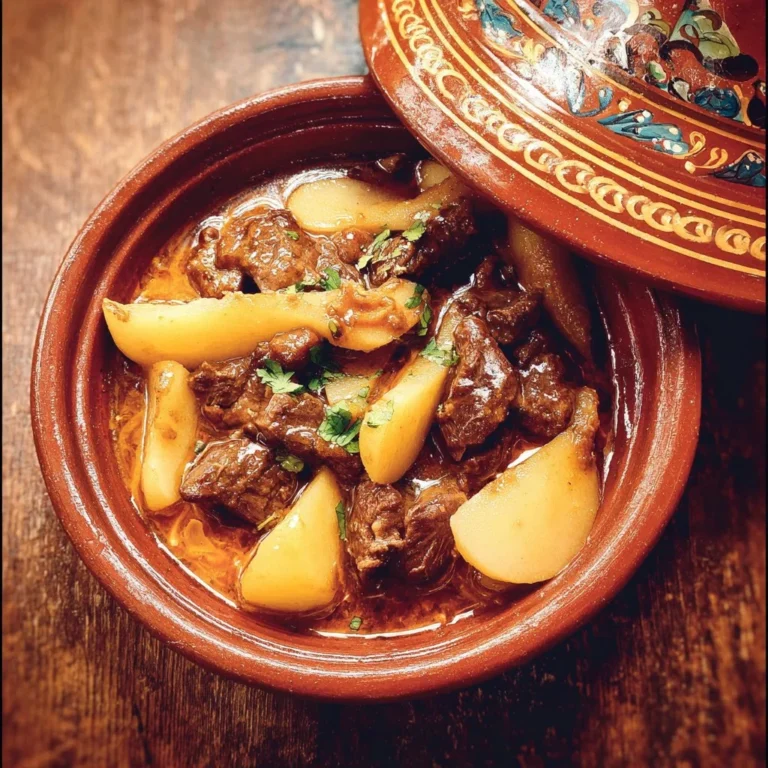 Delicious Lamb Tagine with Pears and Honey served in a traditional Moroccan dish.