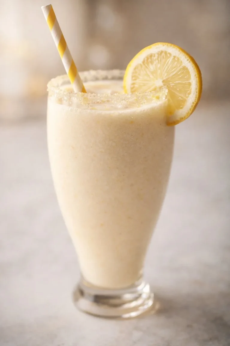 Chilled lemon milkshake in a tall glass with a slice of lemon