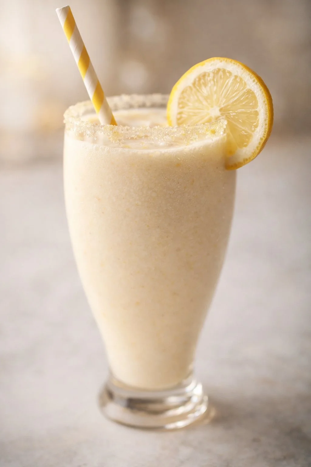 Chilled lemon milkshake in a tall glass with a slice of lemon