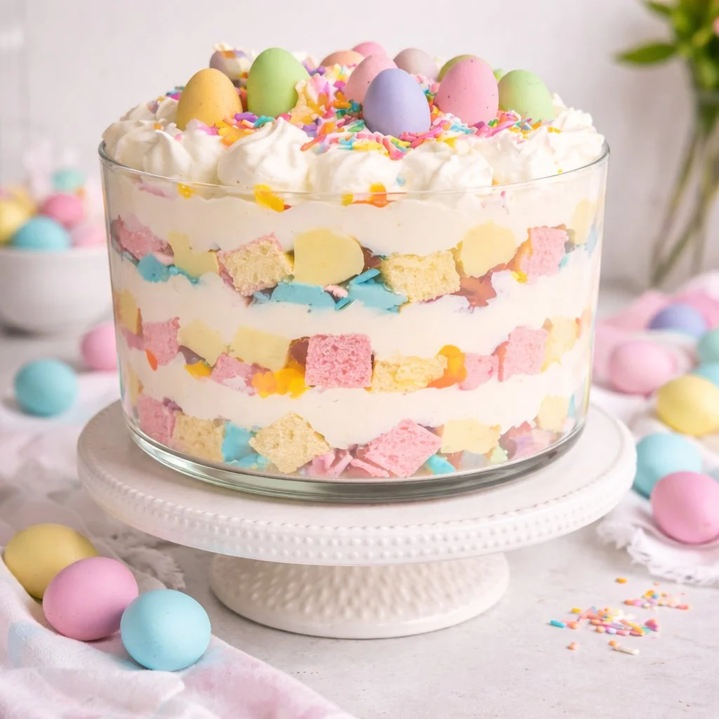Light and refreshing Easter trifle dessert with layers of fruits and custard