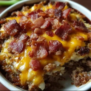 Low-carb bacon cheeseburger casserole topped with cheese and bacon
