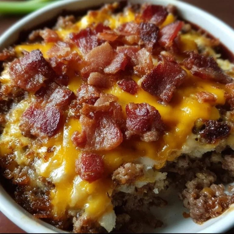 Low-carb bacon cheeseburger casserole topped with cheese and bacon
