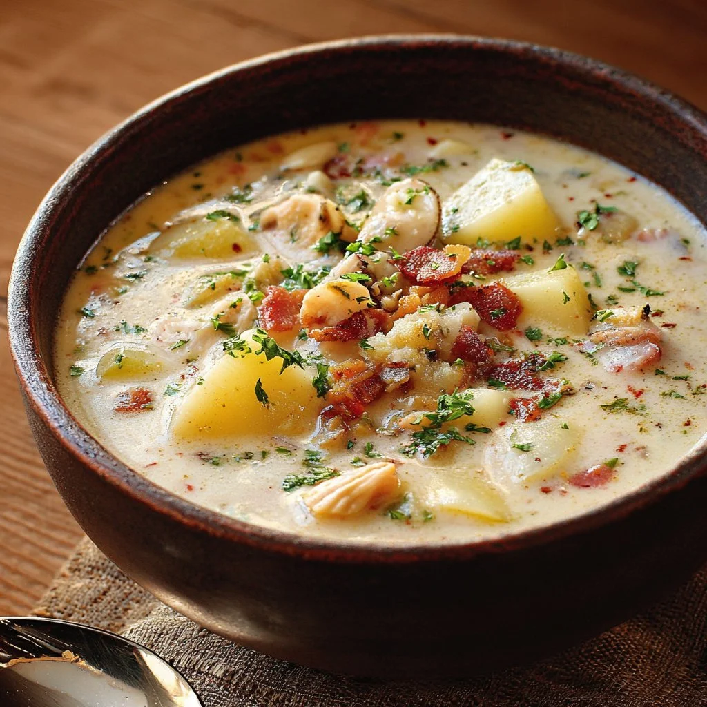 A bowl of low-fat clam chowder topped with parsley and served with crusty bread.
