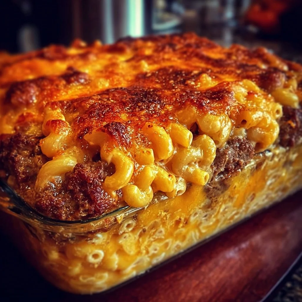 Delicious Mac and Cheese Meatloaf Casserole on a plate with garnish