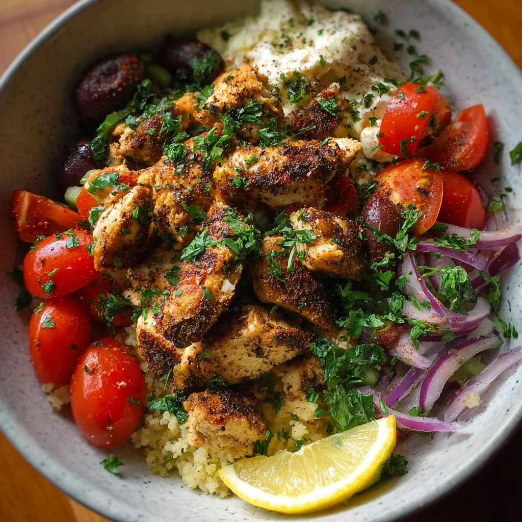 Delicious Mediterranean Chicken Bowl with fresh ingredients and vibrant colors.
