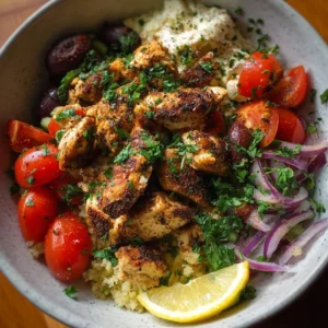 Healthy Mediterranean chicken bowl with fresh vegetables and herbs