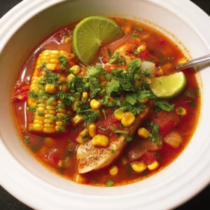 Delicious Mexican stew with tilapia served in a bowl, garnished with fresh herbs.