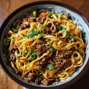 Delicious bowl of Mongolian ground beef noodles garnished with green onions.