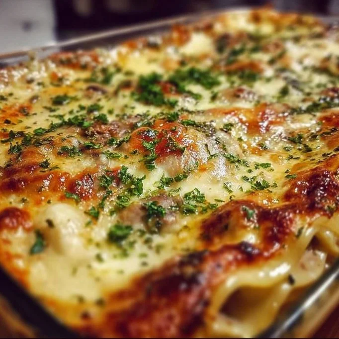 Delicious mushroom lasagna layered with cheese and fresh herbs