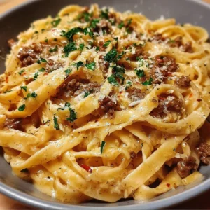 One-Pot Creamy Beef and Garlic Butter Pasta dish served in a bowl.