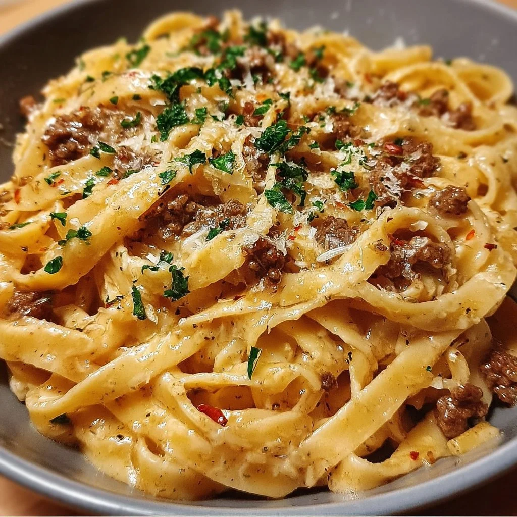 One-Pot Creamy Beef and Garlic Butter Pasta dish served in a bowl.