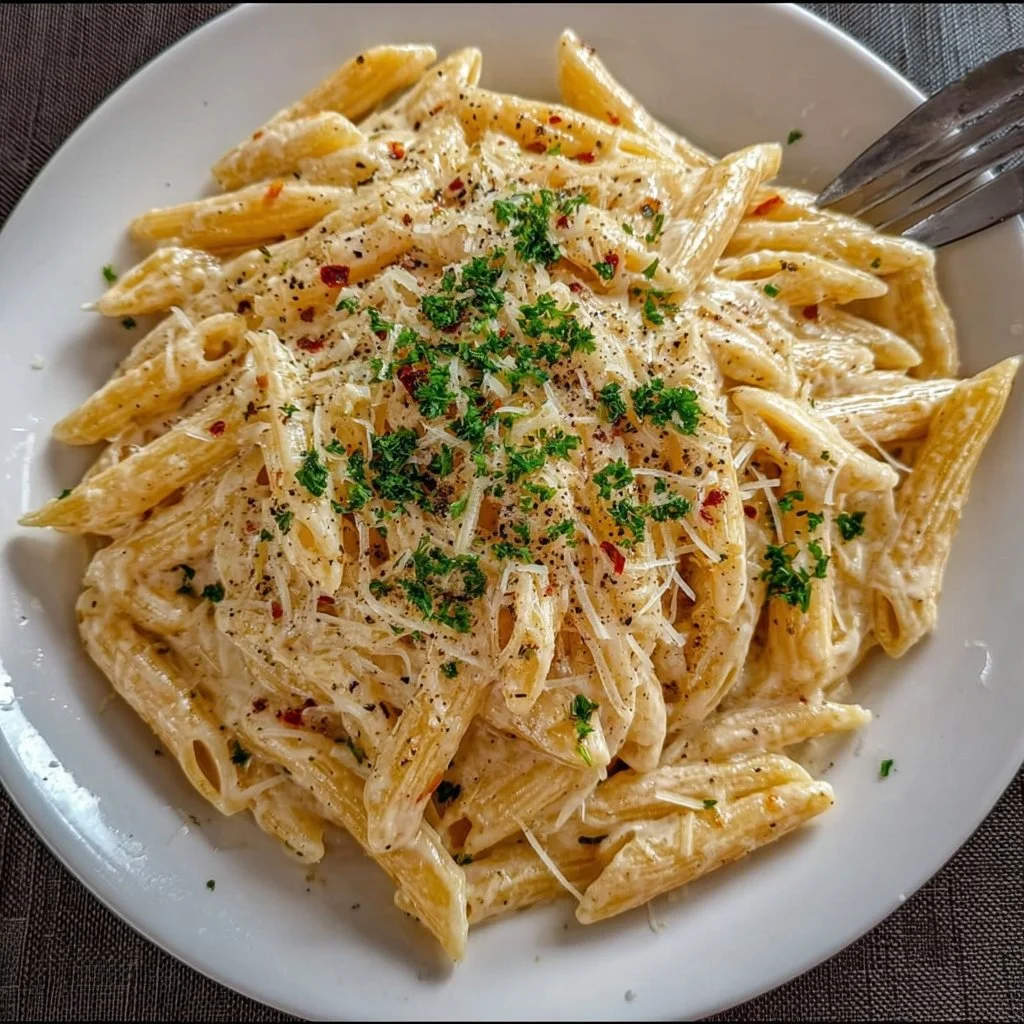 Bowl of creamy garlic pasta garnished with herbs