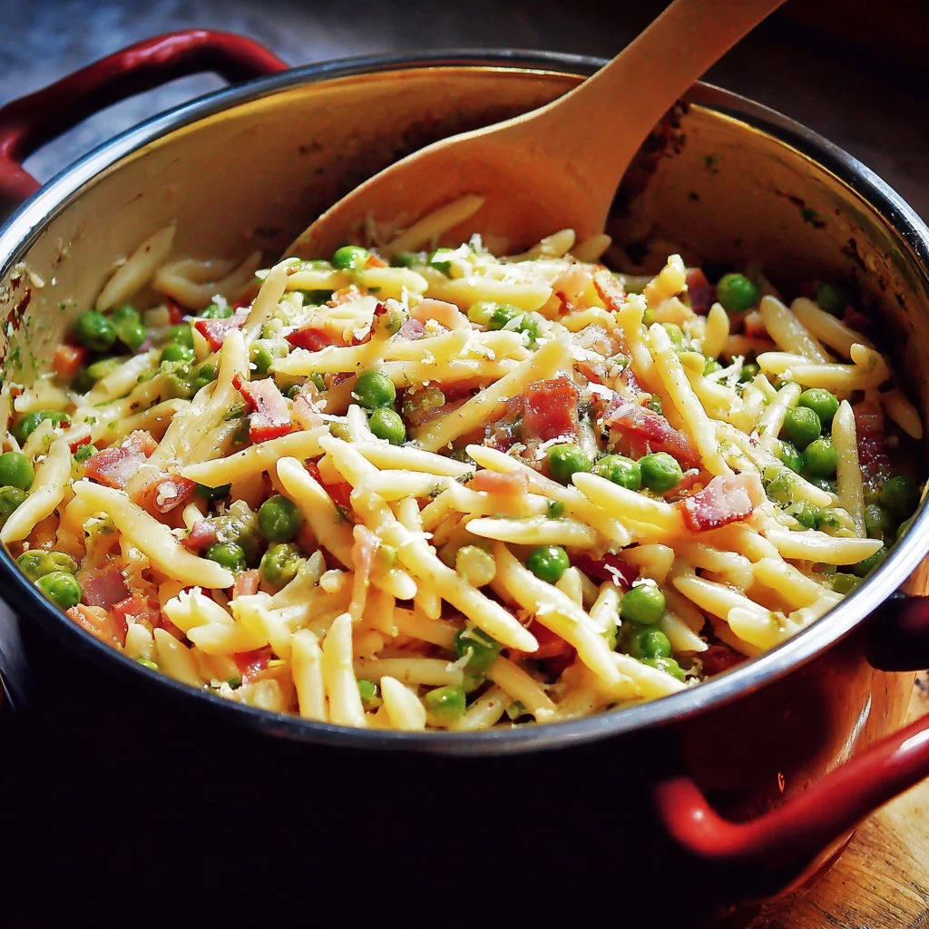 One-Pot Pasta with Peas and Bacon in a skillet