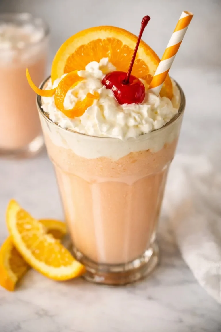 Creamy orange milkshake with fresh oranges and whipped cream
