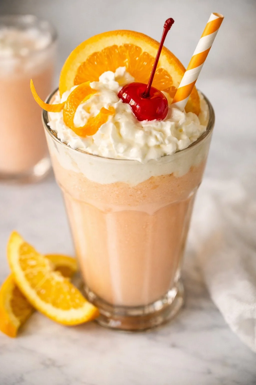 Creamy orange milkshake with fresh oranges and whipped cream