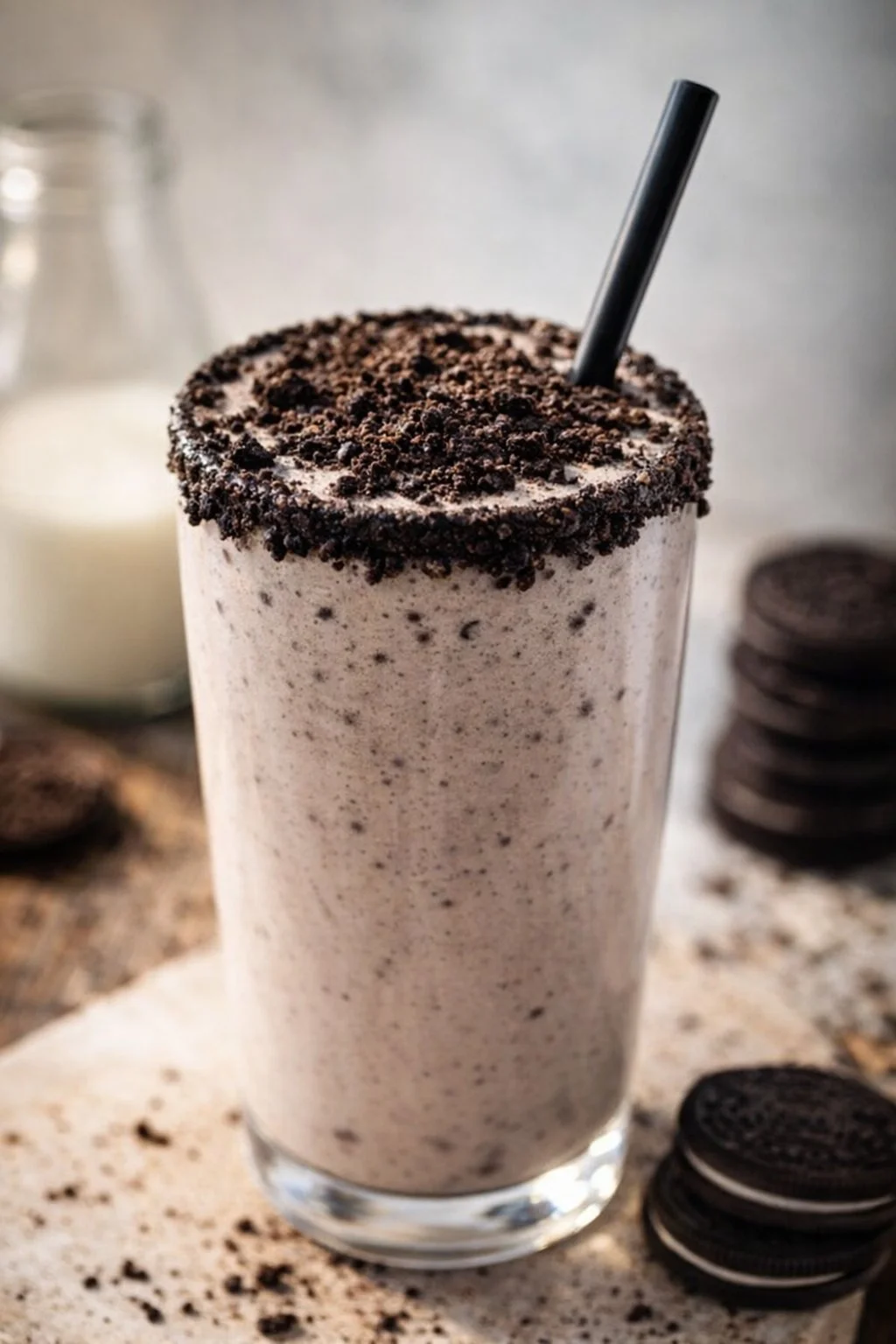 Delicious Oreo Milkshake topped with whipped cream and crushed Oreos