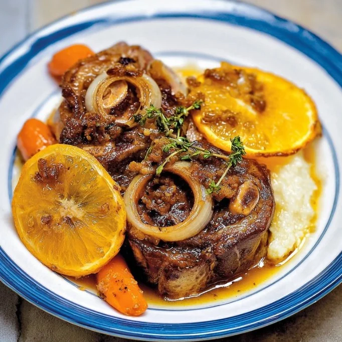 Osso Buco with Preserved Lemon served on a plate garnished with herbs
