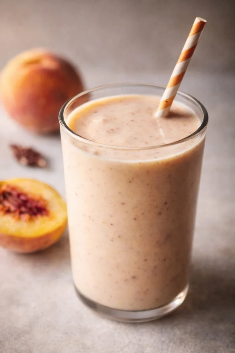 Refreshing peach milkshake topped with whipped cream and fresh peach slices.