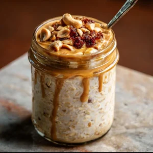 Bowl of Peanut Butter Overnight Oats topped with fruits and nuts