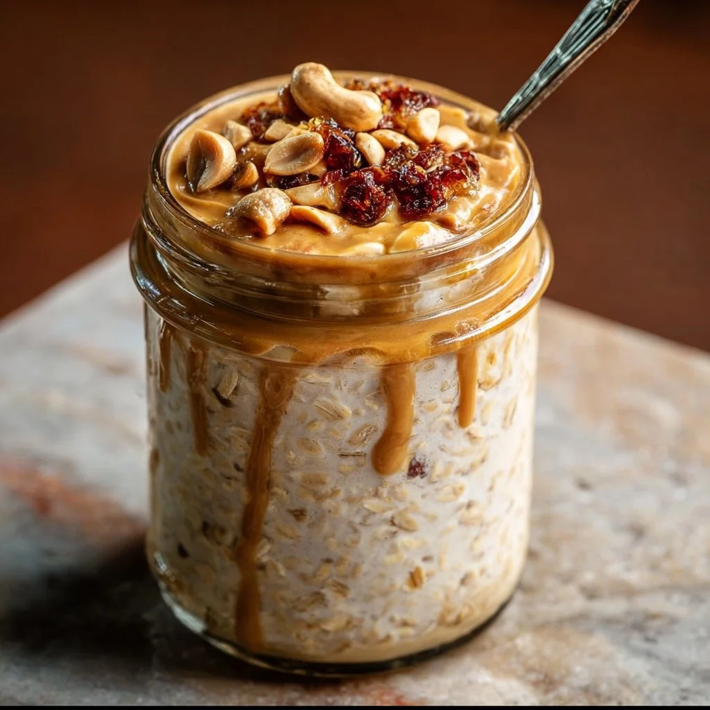 Bowl of Peanut Butter Overnight Oats topped with fruits and nuts