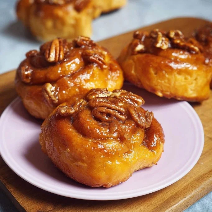 Home Freshly baked pecan buns drizzled with icing, served on a rustic plate.