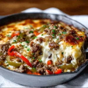 Philly Cheesesteak Skillet Philly cheesesteak skillet with tender beef, peppers, and melty cheese