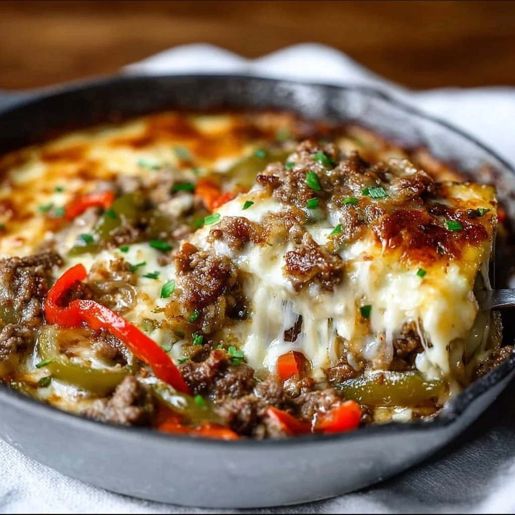 Philly cheesesteak skillet with tender beef, peppers, and melty cheese
