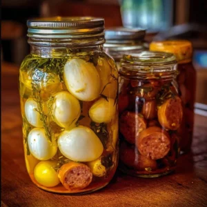 Plate of pickled eggs, sausage, and onions for a delicious appetizer