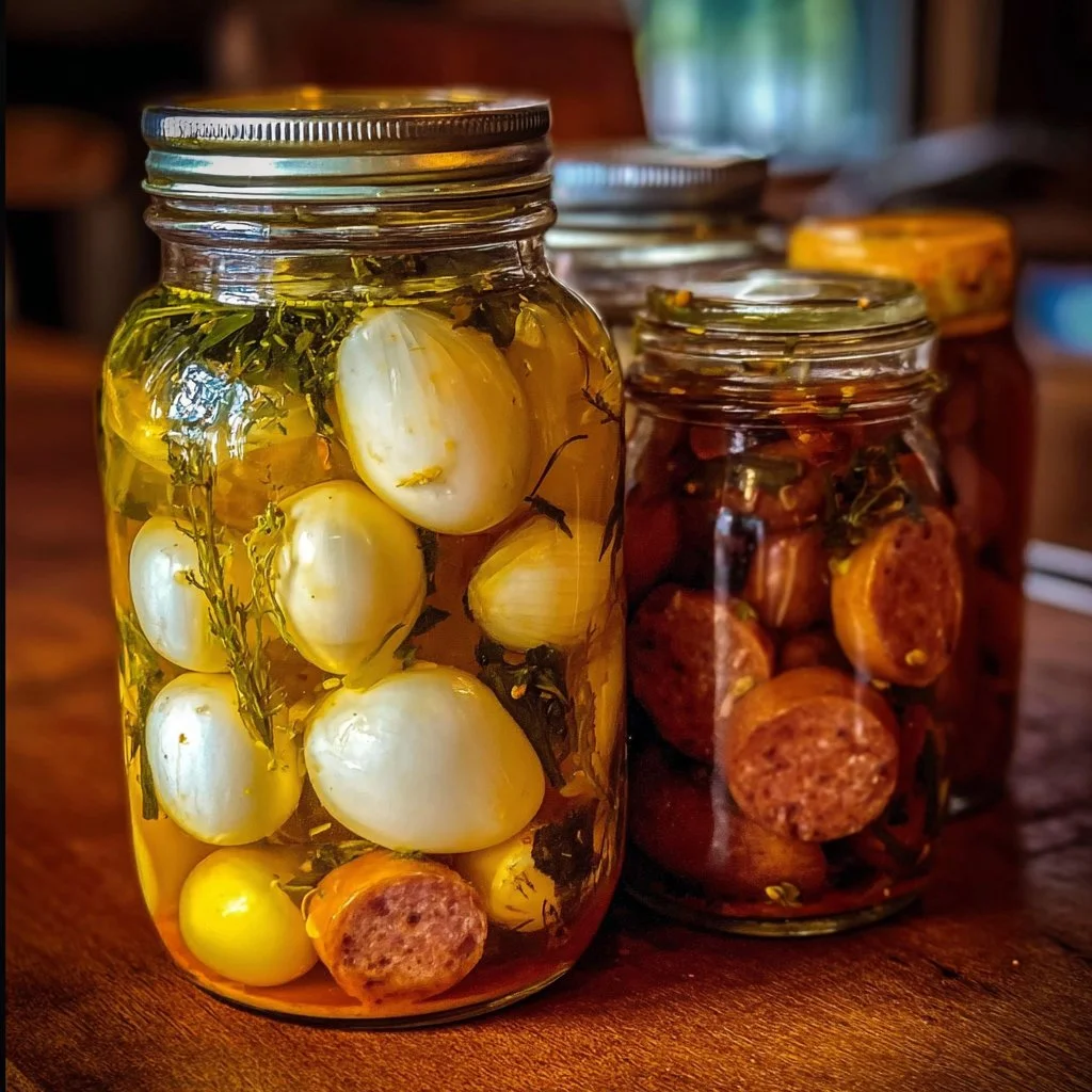 Plate of pickled eggs, sausage, and onions for a delicious appetizer