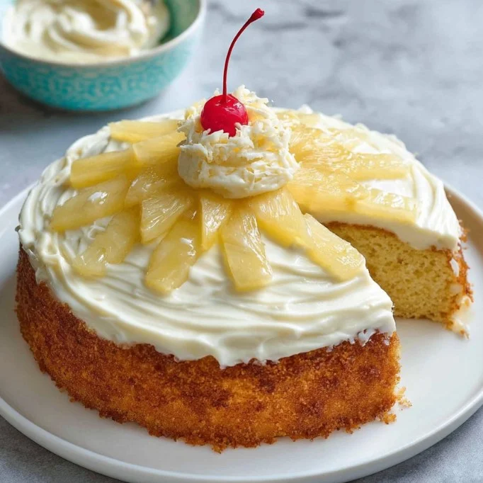 A beautiful slice of pineapple cake with fresh fruit on top, showcasing its fluffy texture and vibrant color.