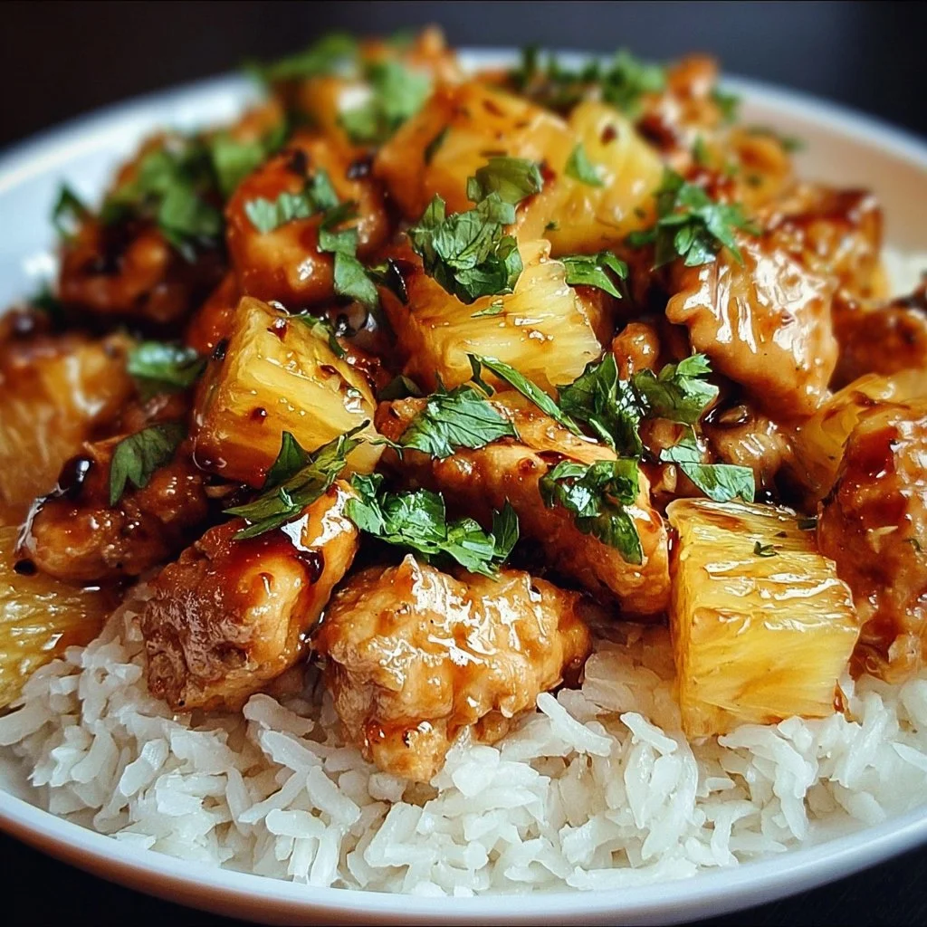 Delicious pineapple chicken served over rice, garnished with fresh herbs.