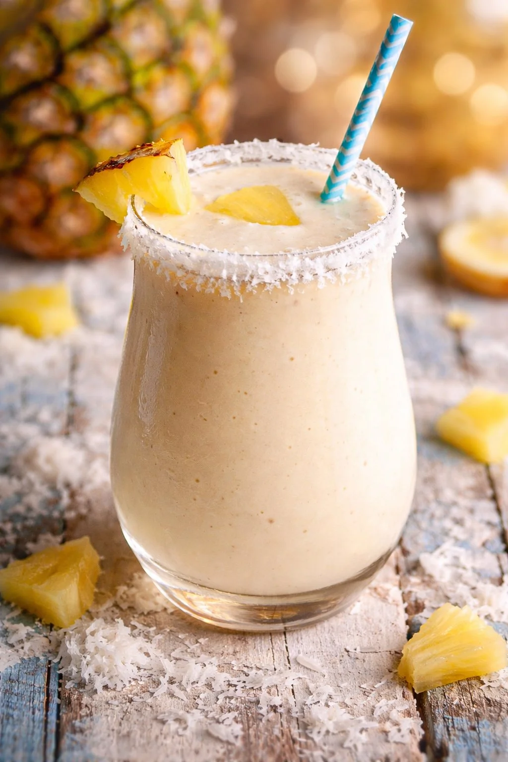 Delicious pineapple milkshake with coconut in a glass topped with whipped cream