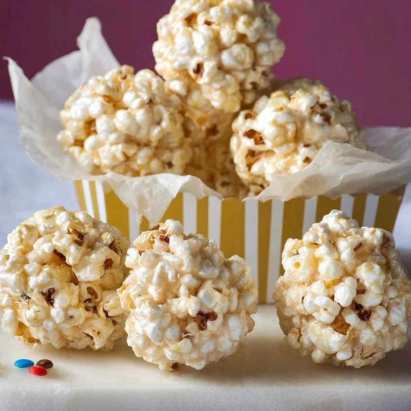 Colorful and delicious homemade popcorn balls stacked on a plate.