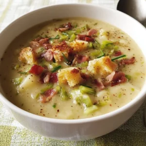Delicious bowl of Potato-Leek Soup with Bacon topped with fresh herbs