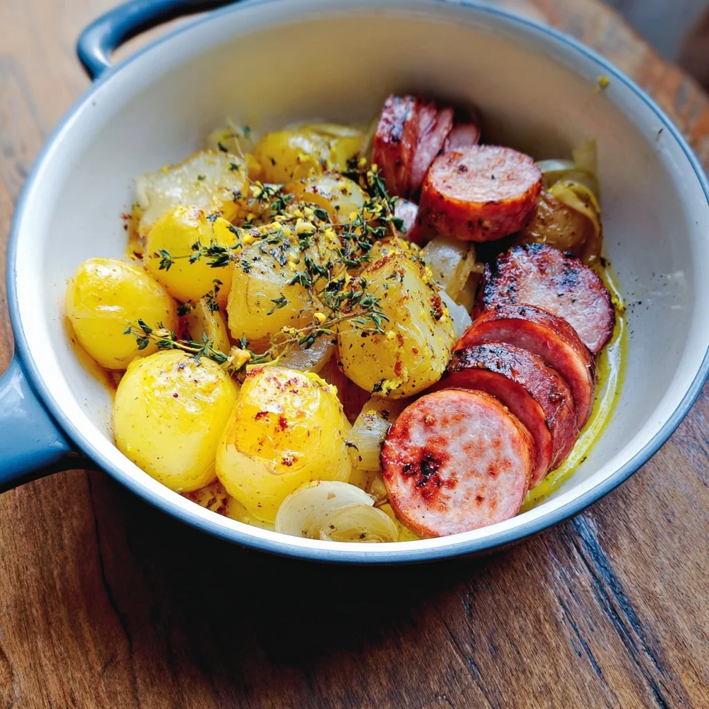 Home Potatoes served with Morteau sausage and mustard on a rustic plate