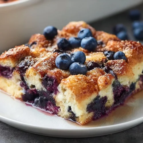 Delicious blueberry French toast casserole served in a baking dish