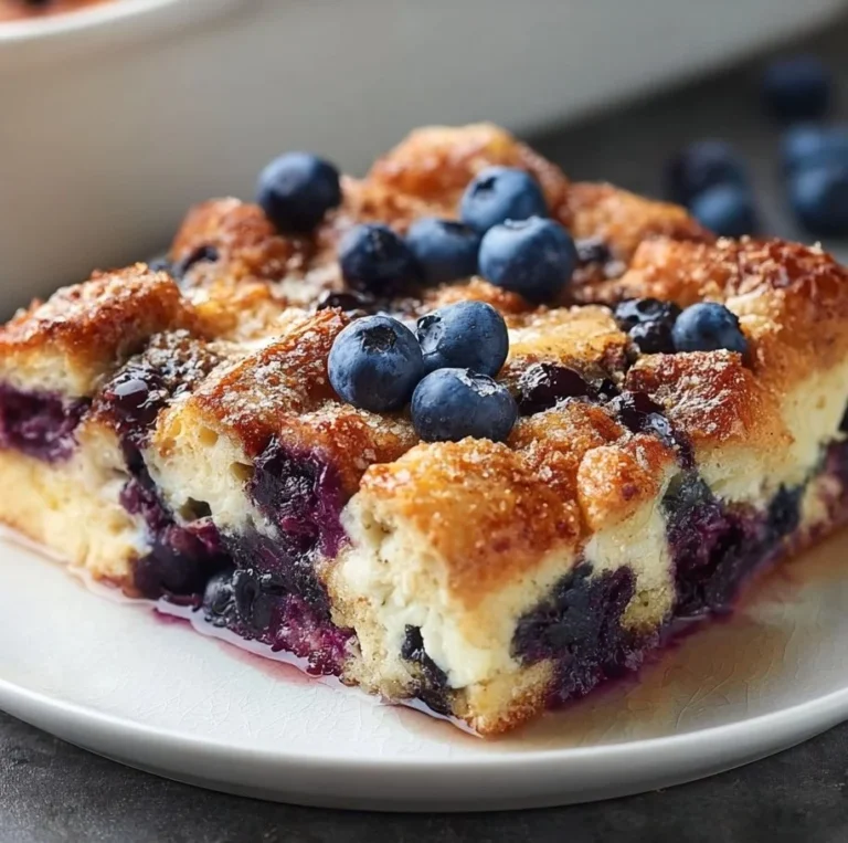 Delicious blueberry French toast casserole served in a baking dish