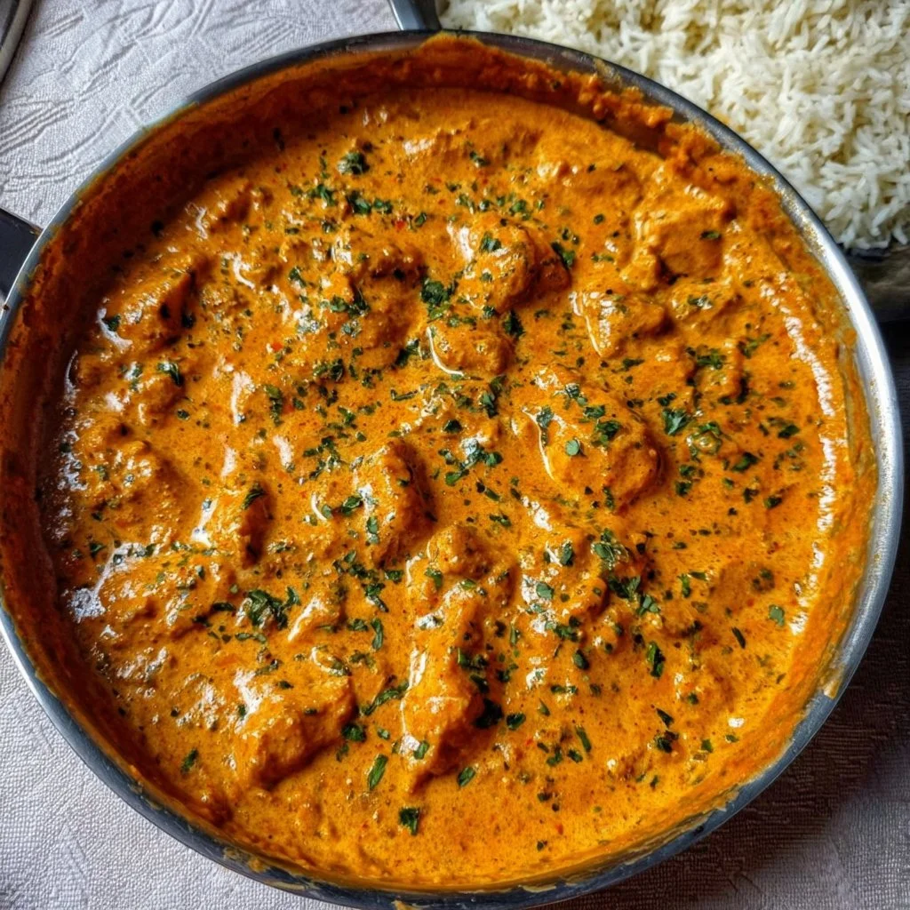 Delicious homemade butter chicken served with rice in a bowl.