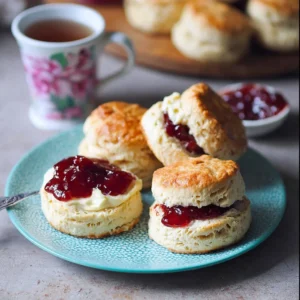 Freshly baked quick scones on a plate with butter and jam
