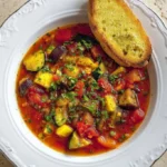 A bowl of vibrant Ratatouille Soup with fresh vegetables and herbs.