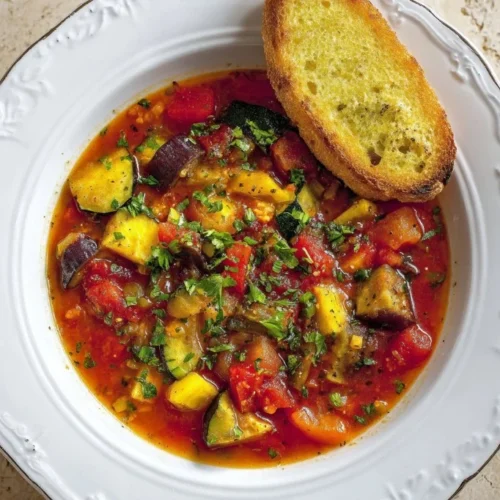 Ratatouille Soup A bowl of vibrant Ratatouille Soup with fresh vegetables and herbs.