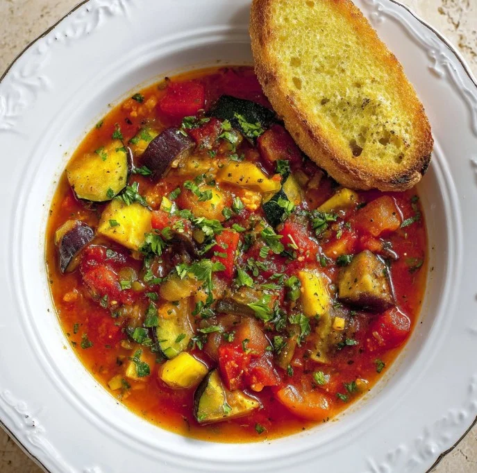 A bowl of vibrant Ratatouille Soup with fresh vegetables and herbs.