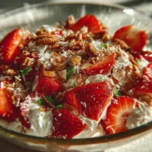 Refreshing Strawberry Crackle Salad with fresh strawberries and a crunchy topping.