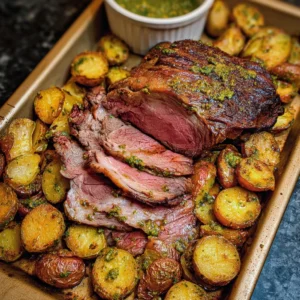 Rib-Eye Roast with Pesto Potatoes Succulent rib-eye roast served with vibrant pesto potatoes.